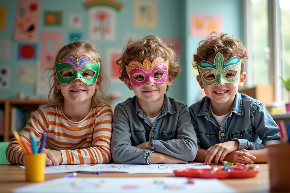 Trois enfants portant leurs masques de carnaval faits main