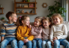 Groupe d'enfants souriants dans un salon chaleureux