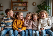 Groupe d'enfants souriants dans un salon chaleureux