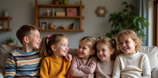 Groupe d'enfants souriants dans un salon chaleureux