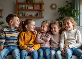 Groupe d'enfants souriants dans un salon chaleureux