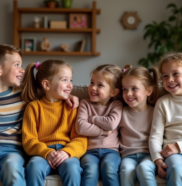 Groupe d'enfants souriants dans un salon chaleureux