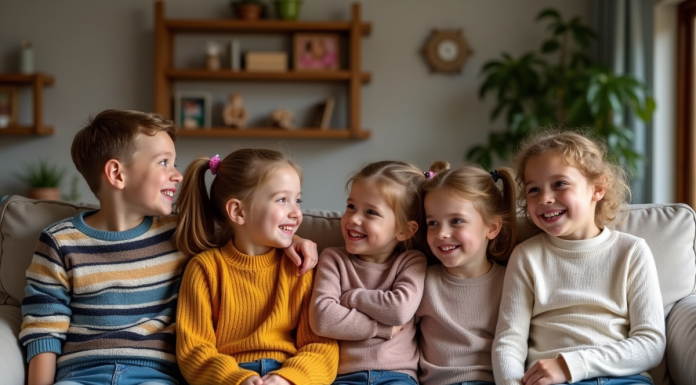 Groupe d'enfants souriants dans un salon chaleureux