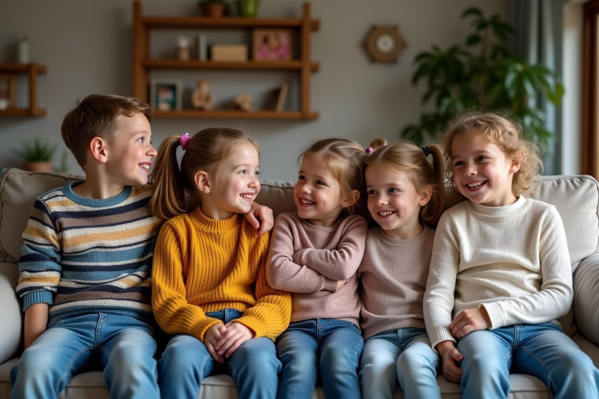 Groupe d'enfants souriants dans un salon chaleureux
