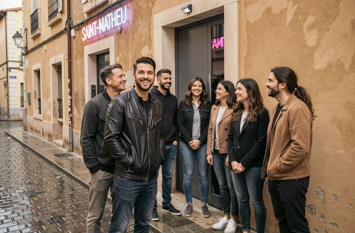 Entrée d'une boîte de nuit dans le quartier Saint-Mathieu de Perpignan avec un videur et des amis souriants sur des pavés mouillés
