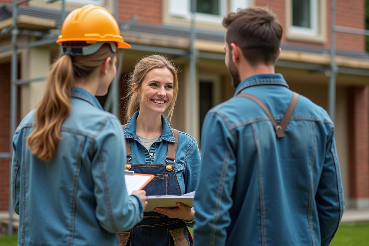 Entrepreneure discutant de travaux avec un couple devant leur maison