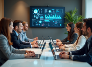 Groupe de professionnels en réunion de brainstorming en bureau moderne