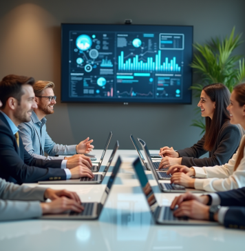 Signification e-lan : comprendre la raison de ce terme innovant pour une entreprise Groupe de professionnels en réunion de brainstorming en bureau moderne