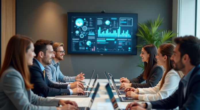 Signification e-lan : comprendre la raison de ce terme innovant pour une entreprise Groupe de professionnels en réunion de brainstorming en bureau moderne