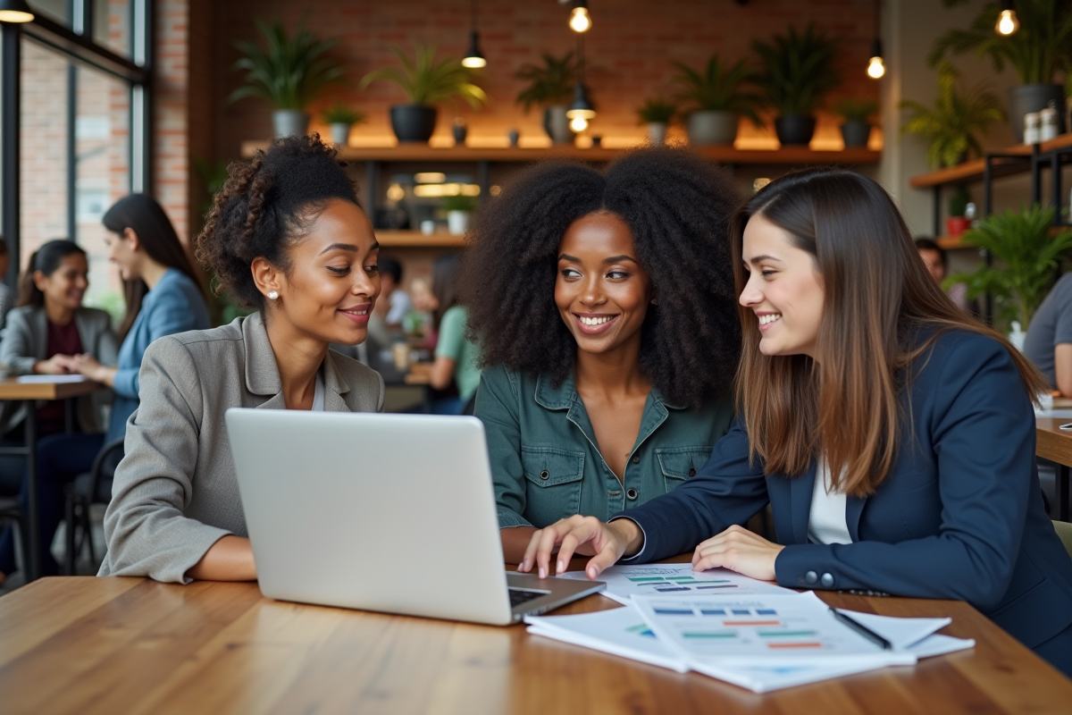 Groupe de professionnels dans un café collaborant sur documents