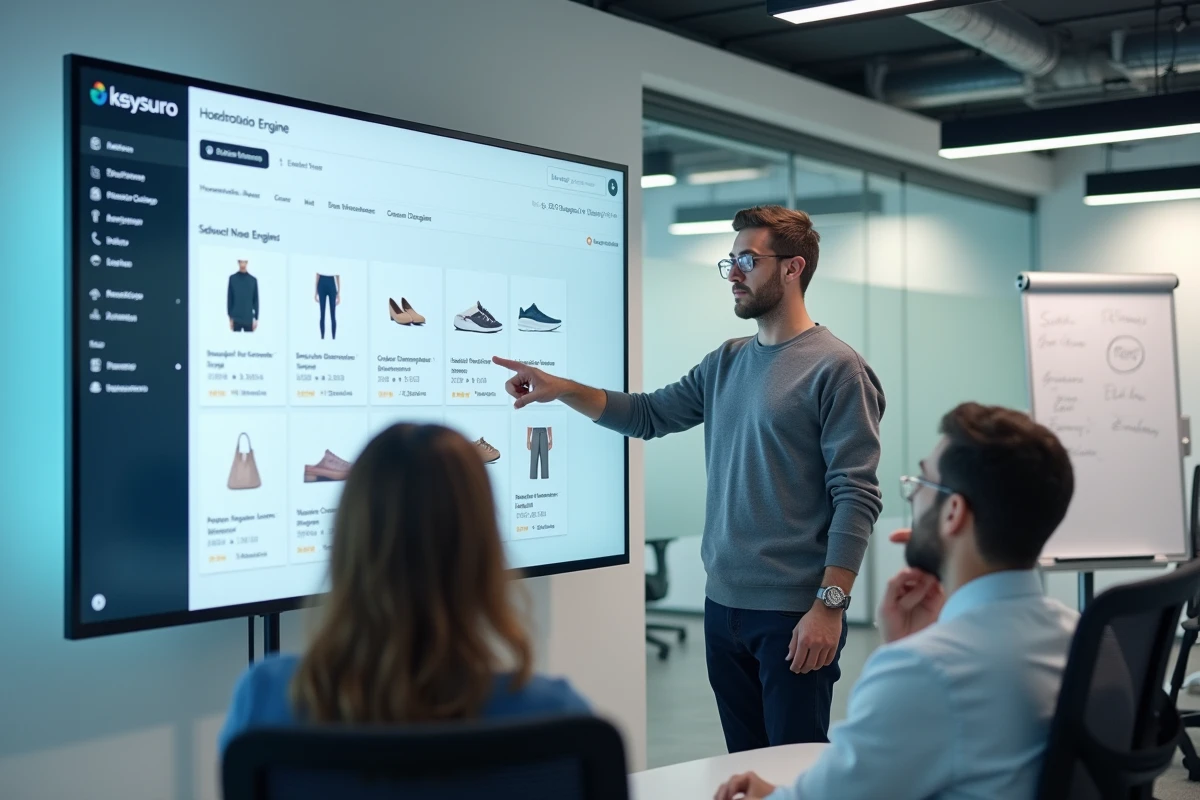 Équipe marketing en réunion autour d'un écran configurant des recommandations produits pour maximiser le panier moyen