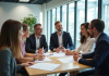 Groupe de professionnels discutant dans un bureau lumineux