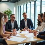 Groupe de professionnels discutant dans un bureau lumineux