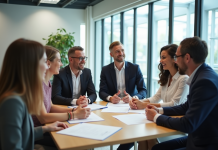 Groupe de professionnels discutant dans un bureau lumineux
