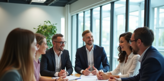 Groupe de professionnels discutant dans un bureau lumineux