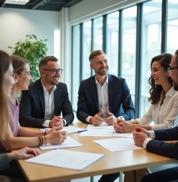 Groupe de professionnels discutant dans un bureau lumineux