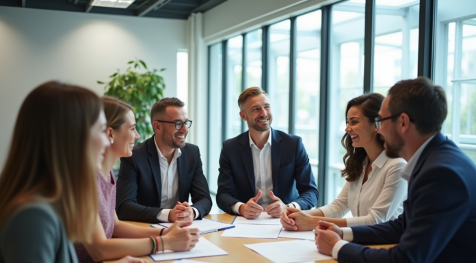 Groupe de professionnels discutant dans un bureau lumineux
