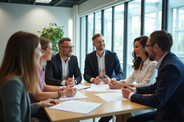 equipe-travail-bureau Groupe de professionnels discutant dans un bureau lumineux