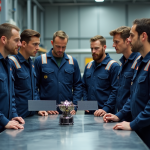 Groupe d'ingénieurs autour d'un satellite en atelier