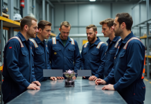 Groupe d'ingénieurs autour d'un satellite en atelier