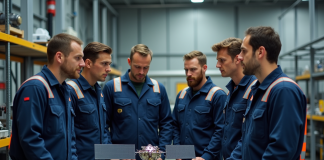 Groupe d'ingénieurs autour d'un satellite en atelier