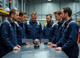 Groupe d'ingénieurs autour d'un satellite en atelier