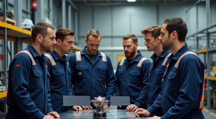 Groupe d'ingénieurs autour d'un satellite en atelier