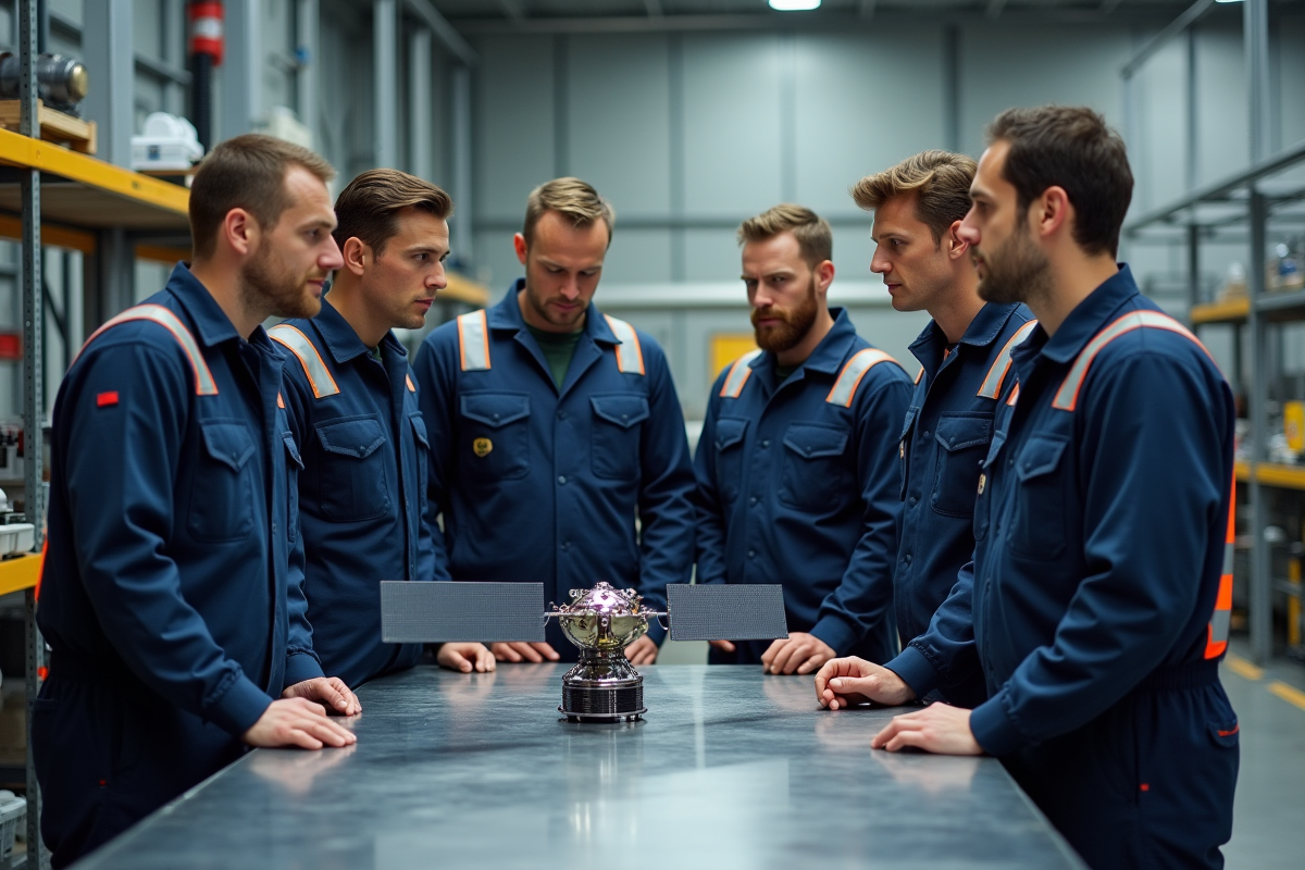 Groupe d'ingénieurs autour d'un satellite en atelier
