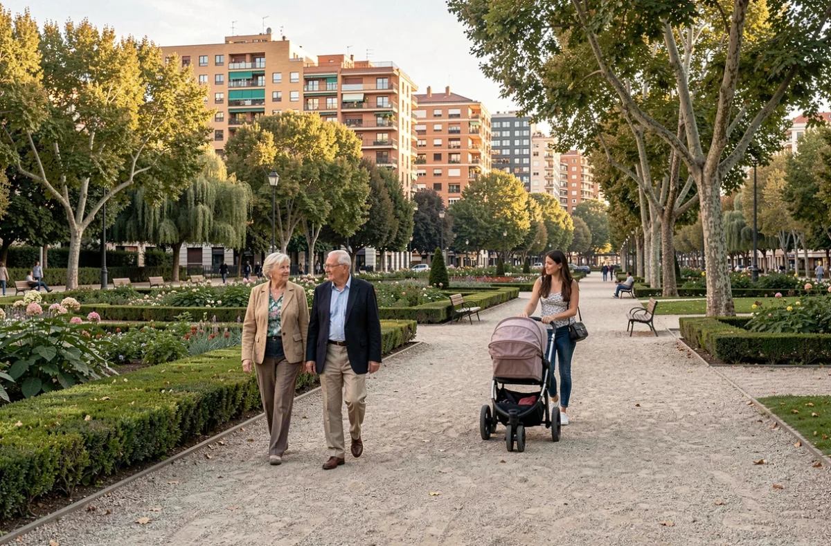 Parc madrilène peu peuplé avec une prédominance de personnes âgées illustrant la très faible fécondité de l'Espagne