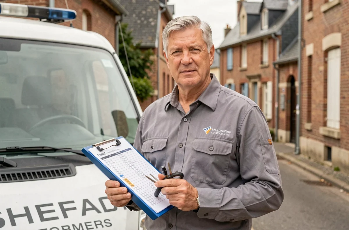 Technicien de l'Etablissement Picard devant son véhicule d'intervention dans une rue de l'Oise