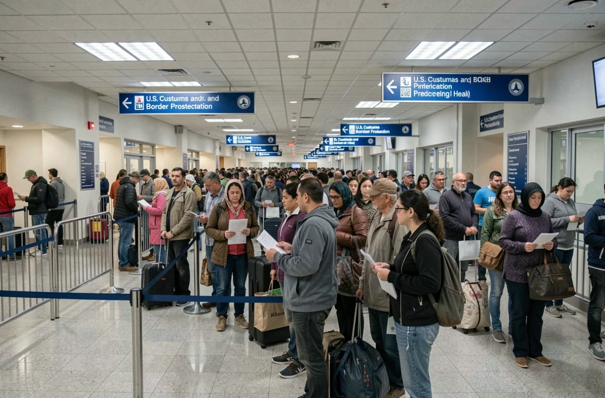 File d'attente de migrants dans un centre de traitement américain illustrant les révisions statistiques liées à l'immigration aux États-Unis