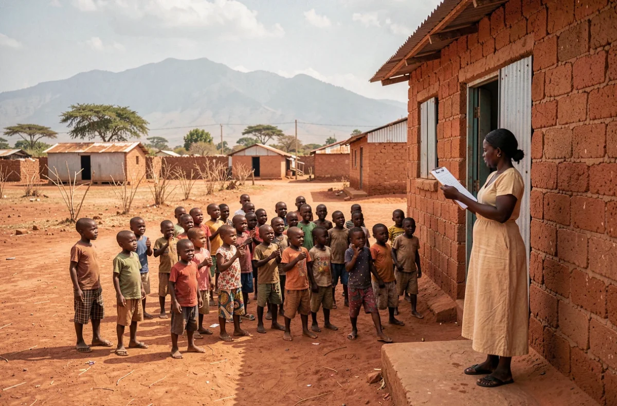 Enseignante éthiopienne comptant des élèves devant une école rurale symbolisant la croissance rapide mais les données fragmentaires en Éthiopie