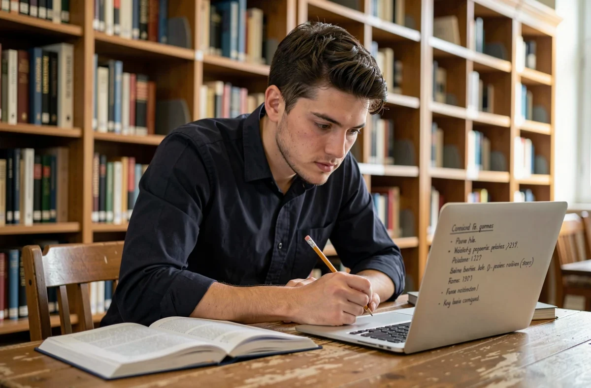 Étudiant adulte révisant les exercices de conjugaison du participe passé rejoindre dans une bibliothèque universitaire