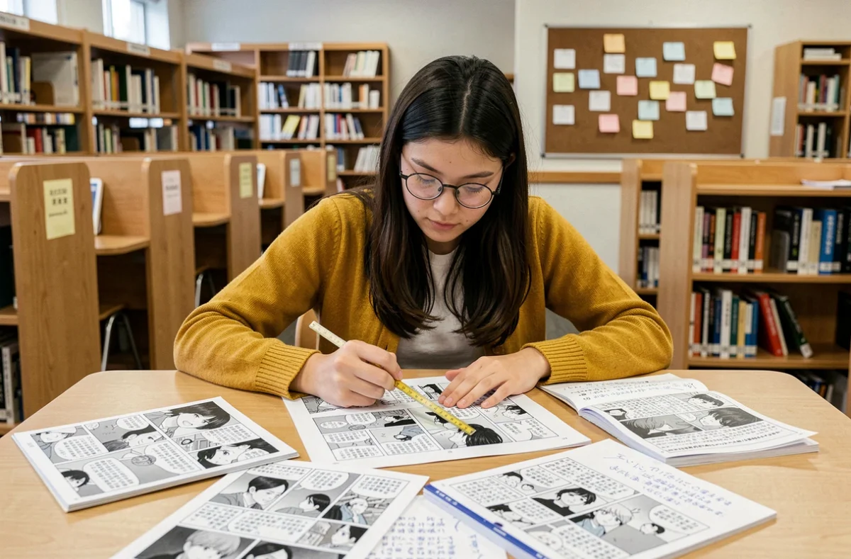 Étudiante avec lunettes annotant des pages de manga imprimées dans une bibliothèque universitaire