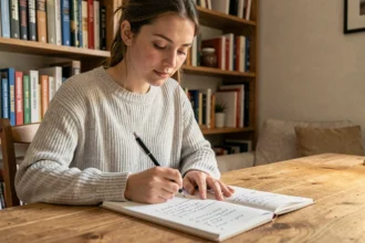 Jeune femme faisant des exercices de grammaire française sur le participe passé dans un cahier à son bureau