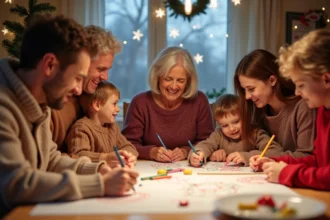 Famille multigenerations coloriant des dessins de Noël dans la cuisine