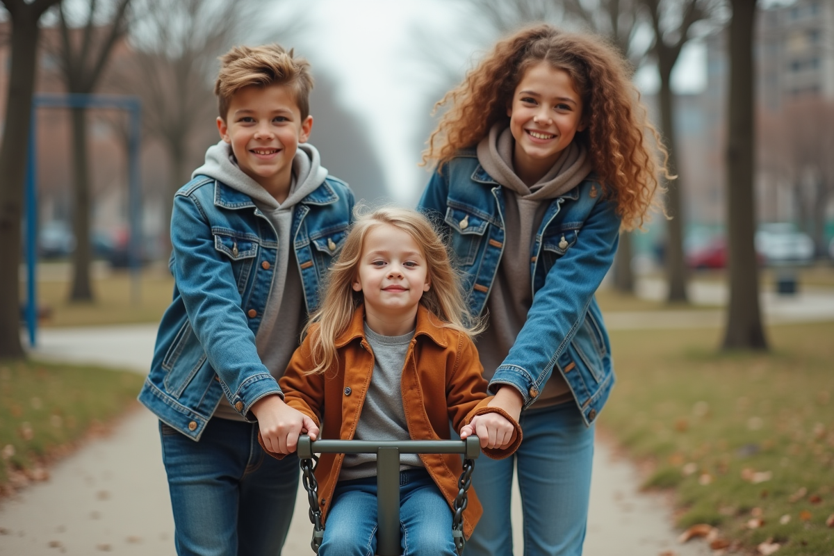 Famille recomposée jouant dans un parc urbain