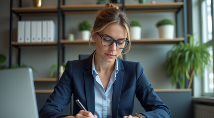 Femme d'affaires en réunion dans un bureau moderne