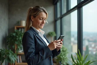 Femme d'affaires regardant son smartphone dans son appartement