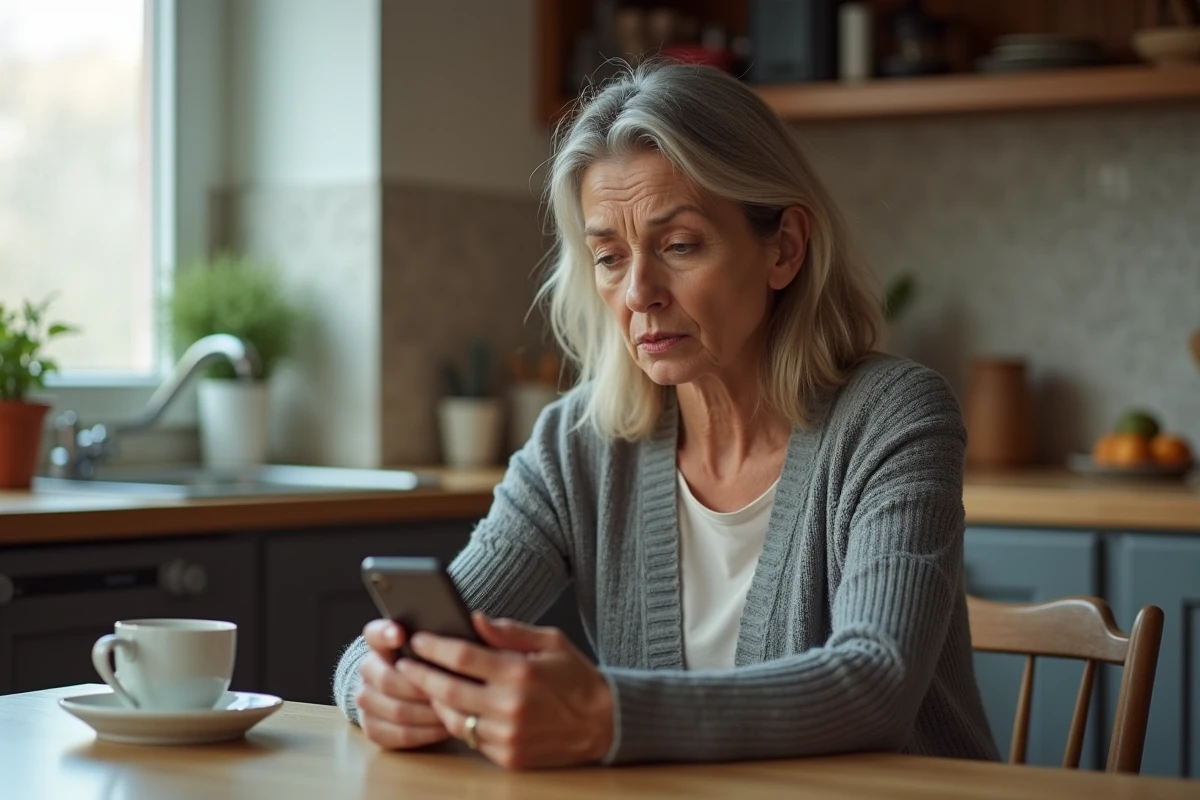 Femme d'une cinquantaine d'années hésitant à répondre à un appel téléphonique d'un numéro 02 70 affiché sur son smartphone