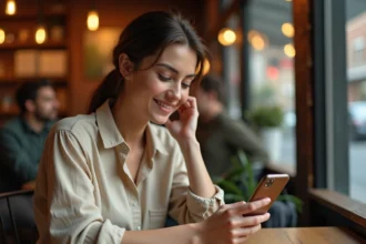 Jeune femme consultant une application de rencontre sur son smartphone dans un café, réfléchissant aux fonctionnalités premium de l'application Fruitz