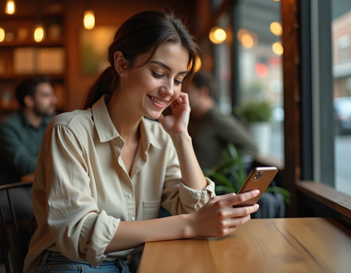 Jeune femme consultant une application de rencontre sur son smartphone dans un café, réfléchissant aux fonctionnalités premium de l'application Fruitz