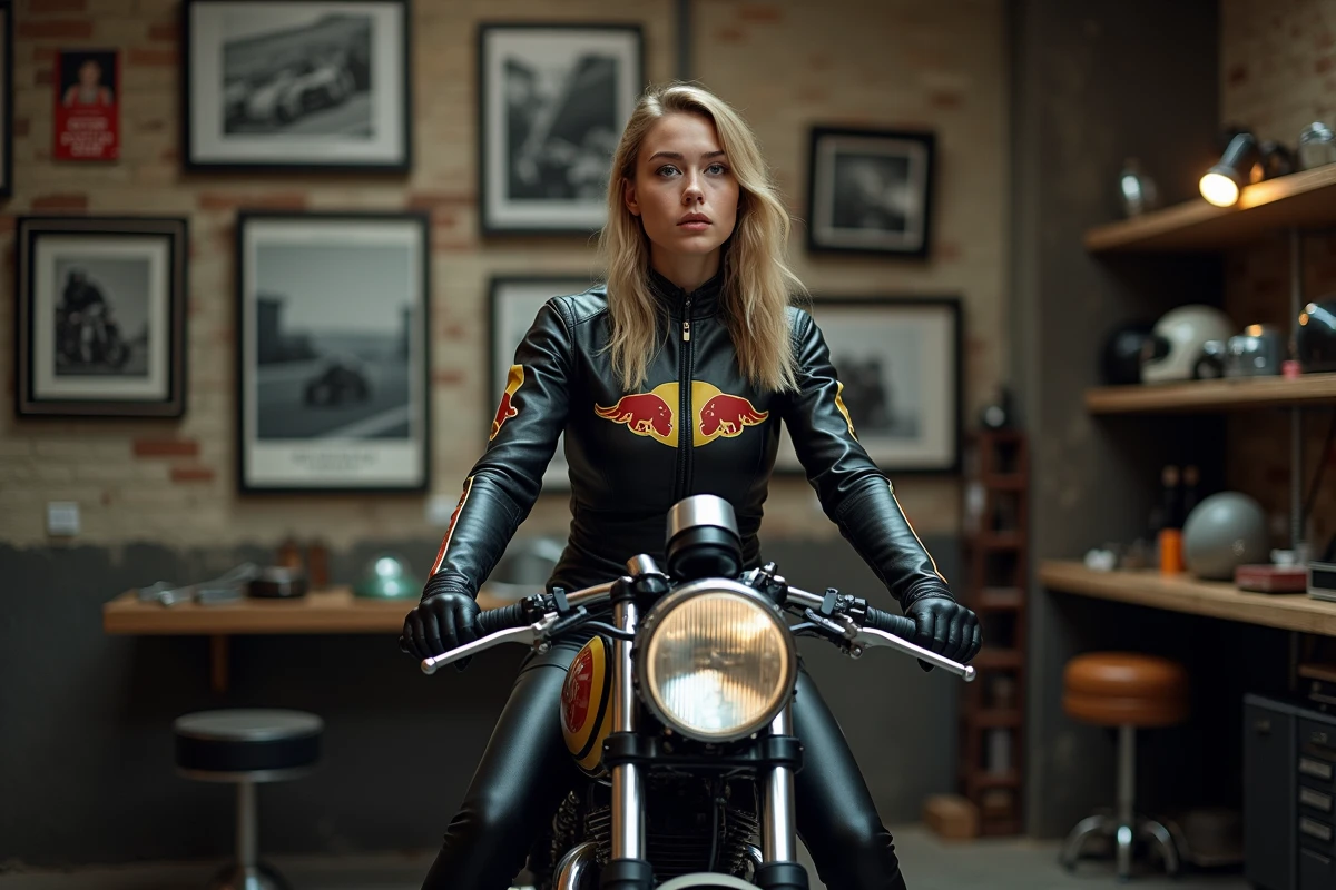 Jeune femme en combinaison de cuir rétro assise sur un café racer dans un garage décoré d'affiches de films moto