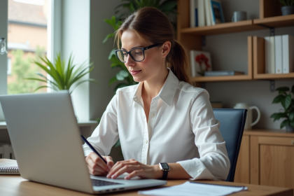 Femme en bureau à domicile travaillant sur son ordinateur