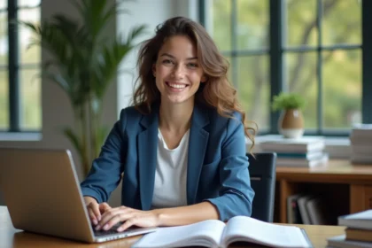 Femme souriante travaillant sur un ordinateur dans un bureau moderne