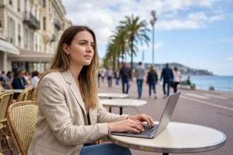 Jeune femme travaillant au café sur la promenade des Anglais à Nice