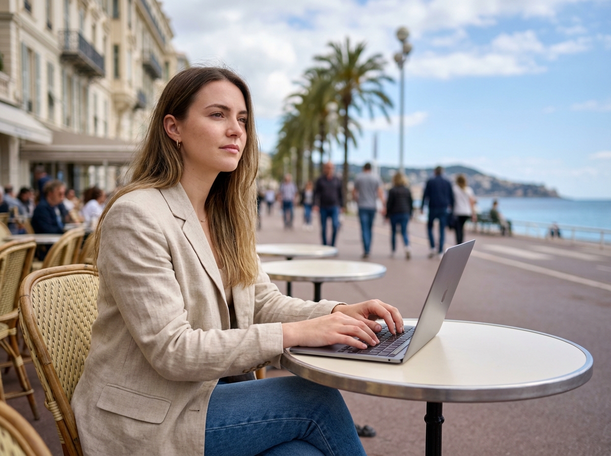 Jeune femme travaillant au café sur la promenade des Anglais à Nice