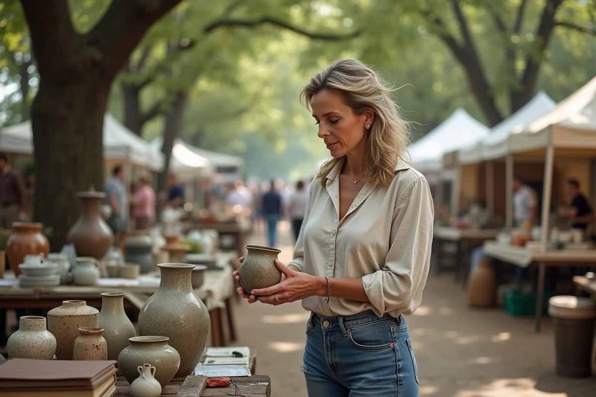 Femme chinant un vase ancien dans une brocante en plein air dans les Yvelines ce week-end