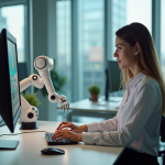 Femme en bureau collaborant avec une IA sur son ordinateur