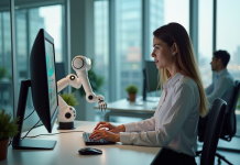 Femme en bureau collaborant avec une IA sur son ordinateur